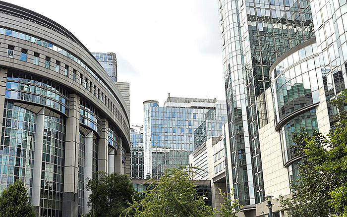 Exterior view of the European Parliament building in Brussels, Belgium.