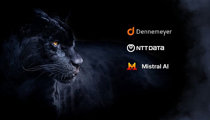 Black panther on a dark background with the logos and names of Dennemeyer, NTT DATA, and Mistral AI displayed to the right.